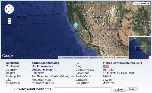 Clicking the flag icon performs the default action, Geotool, which shows a map with a more precise server location and gives additional detailed information.