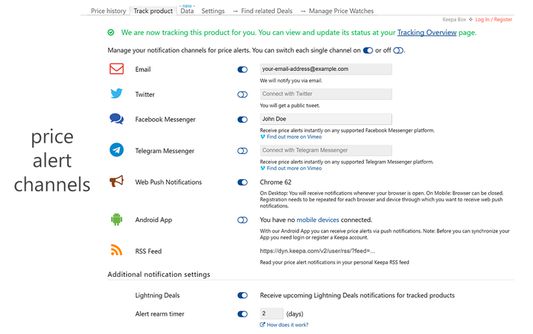 ✜ We send you a price alert once the price of your tracked product drops below your desired price.  We can alert you via Email, Facebook Messenger, Twitter, Telegram Messenger, RSS, Mobile Push Notifications -  which ever way you prefer.