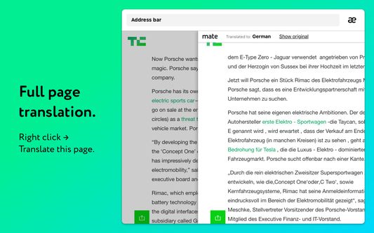 Select "Translate this page" in the context menu (right click) on a web page to translate it entirely. Easily understand websites in 103 languages.