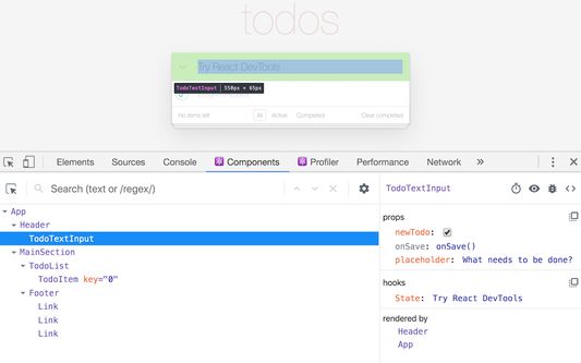 Shows the DevTools UI with an example TODO List app.
