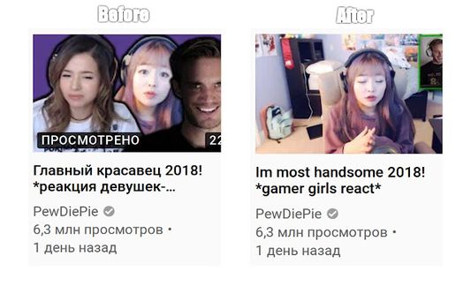 The comparison of YouTube titles with the extension on and off.