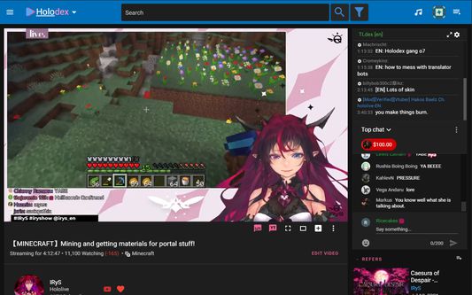 Holodex watch page with archive chat