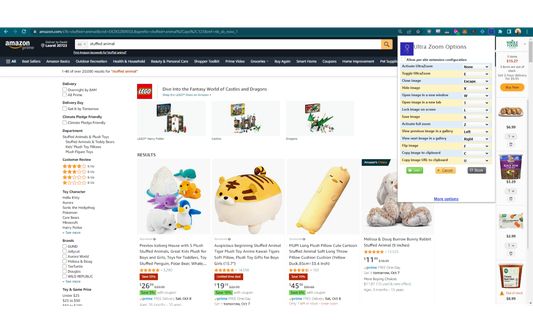 The Ultra Zoom configuration panel overlaid on Amazon