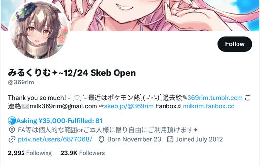 Example links in English. (Twitter user selected randomly from a top search for "skeb".)