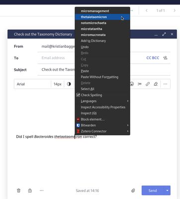 Now Firefox will spell check all taxa at the same time as it spellchecks the rest of your writing.