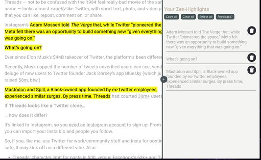 One-click highlighting and copy all highlights to paste into your notebook.