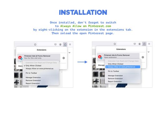 Once installed, don't forget to switch  to Always Allow on Pinterest.com by right-clicking on the extension in the extensions tab.  Then reload the open Pinterest page.