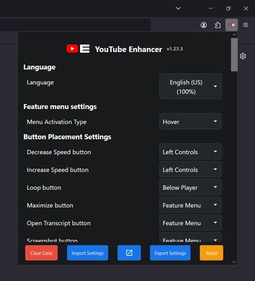 This screenshot shows the available options in the popup.