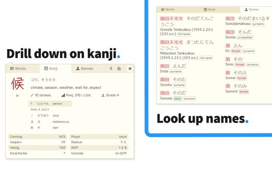 Provides separate kanji and name dictionaries.