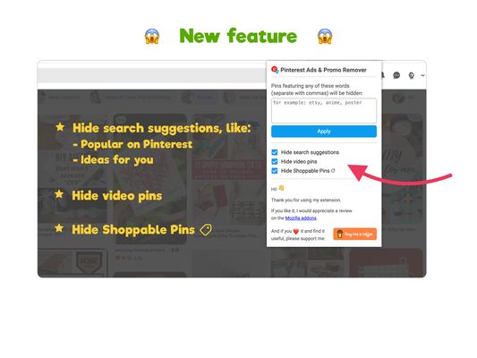 1) Hide search suggestions, like:  "Popular on Pinterest", "Ideas for you". 
2) Hide video pins.
3) Hide Shoppable Pins