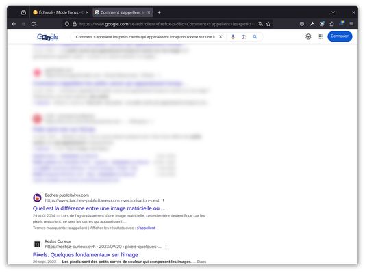 The candidate uses a search engine during the certification exam, and certain results belonging to prohibited sites are blurred out.