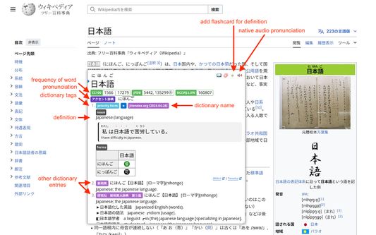 Looking up a Japanese word by hovering over it