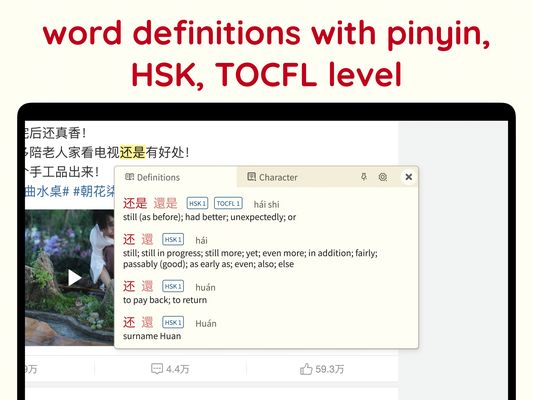 word definitions with pinyin, HSK, TOCFL level