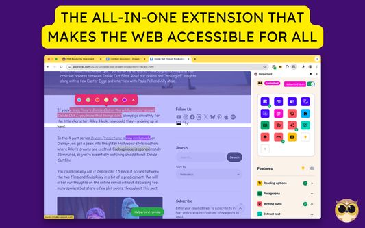 A browser window is open on an article discussing Pixar’s Inside Out. At the top of the image, a large yellow banner reads, “THE ALL-IN-ONE EXTENSION THAT MAKES THE WEB ACCESSIBLE FOR ALL” set against a purple background. In the center of the webpage, a section of text is highlig