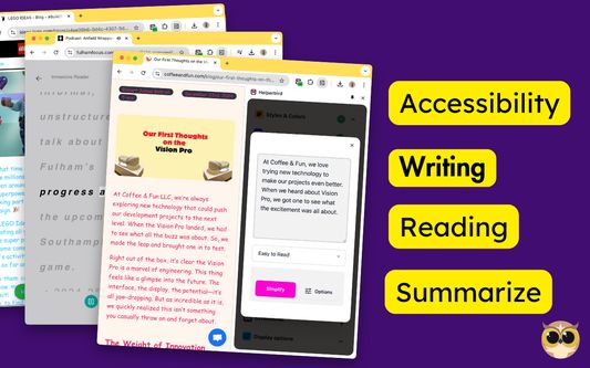 A collage-like view of multiple browser tabs and windows against a purple background. Along the top are different tabs, such as “LEGO IDEAS,” “fulhamfocus.com,” and “coffeeandfun.com.” Headline words in bright yellow read “Accessibility,” “Writing,” “Reading,” and “Summarize.” On