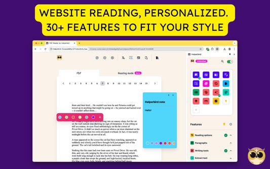 A web page (PDF view) is open in a Chrome browser. Text near the top reads, “WEBSITE READING, PERSONALIZED. 30+ FEATURES TO FIT YOUR STYLE,” in a large yellow banner on a purple background. On-screen, a PDF document is displayed with pagination (1 to 15) in the center. The Helper