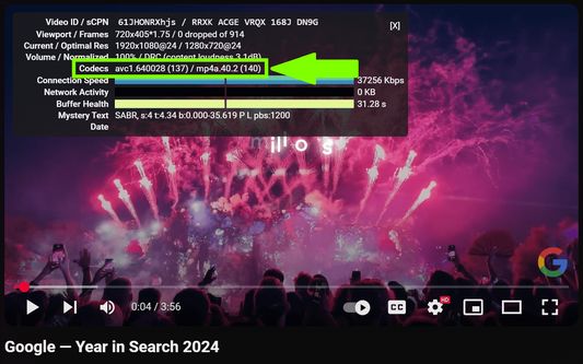 YouTube video playing with AVC / H.264 codec