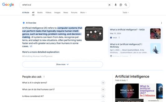 Google with AI Overviews and the AI Mode tab enabled by default