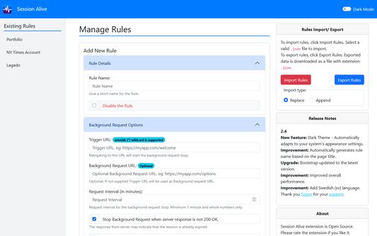 Session Alive add new rule page