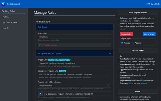 Session Alive add new rule page - Dark Mode